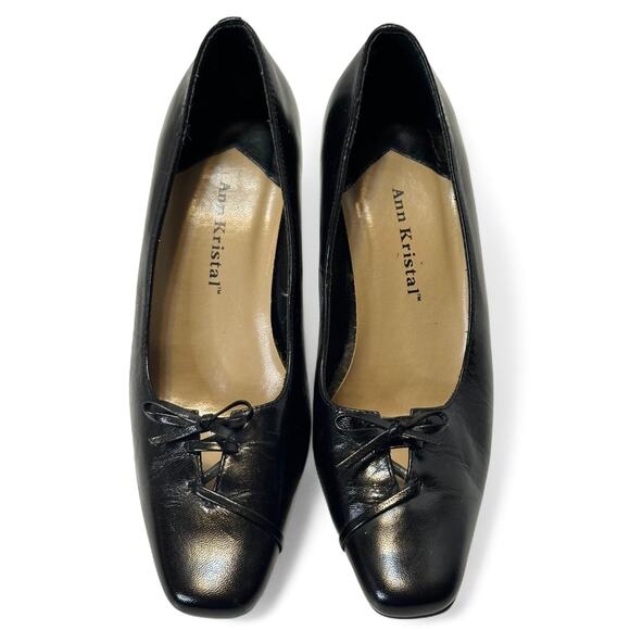 Ann Kristal Black Leather Pumps 5.5M Bow Square Toe Block Heel Y2K Eulalia - Picture 3 of 10